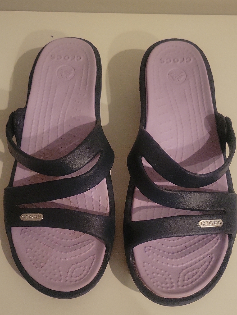 CROCS Women’s Black and Lavender Triple-Strap Slide Sandals